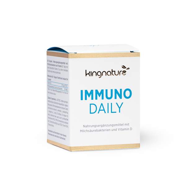 Immuno Daily, Immuno, kingnature, Nahrungsergänzungsmittel, Milchsäurebakterien, Vitamin D, Immunsystem, 60 Kapseln, Immunsystem stärken, Colostrum, 100% natürlich, Swiss made, Gentechfrei, 7 verschiedene Stämme, Milchsäure-Bakterienkulturen, Bakterien, 100 Millionen Bakterien, Kapsel, Lacto-Vegetarier, Vegetarier, Lactose, vermentierte Milch, Vegi-Kapselhüllen, Schweizer Produkt, hochwertige Rohstoffe, schonend verarbeitet, Top Qualität