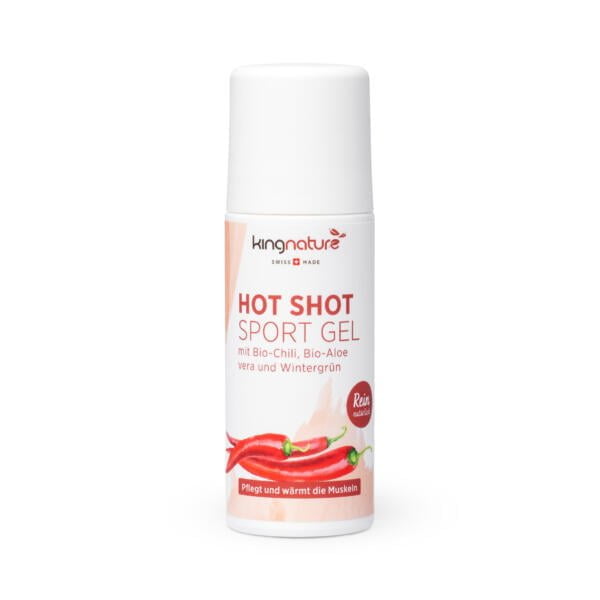 kingnature, Hot Shot Sport Gel, Gel, Roll on, 100% natürlich, wärmendes Gel, Bio, Aloe Vera, Regeneration der Muskel, gute Hautverträglichkeit, keine Tierversuche, Naturkosmetik, Swiss Made, vegan, schmerzende Muskeln, schnell einziehend, wärmend, Regeneration der Muskeln, Bio-Anbau, Chili, Habanero, frei von Aloin, Hautschicht, ätherische Öle, fettfrei, wasserbasiert, dünne Schicht, Capsaicins, Dose, Roll On